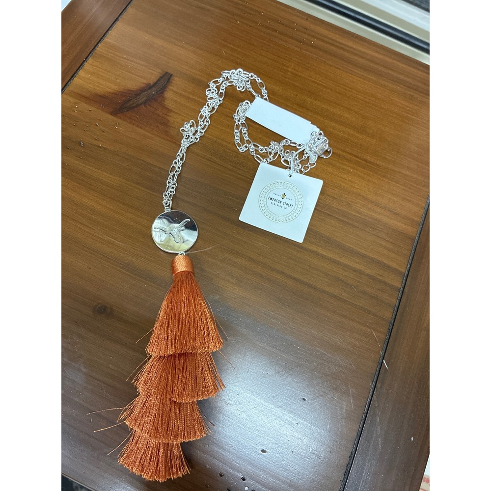 UT Texas Longhorns Silver Tone Burnt Orange Tassel Necklace NWT